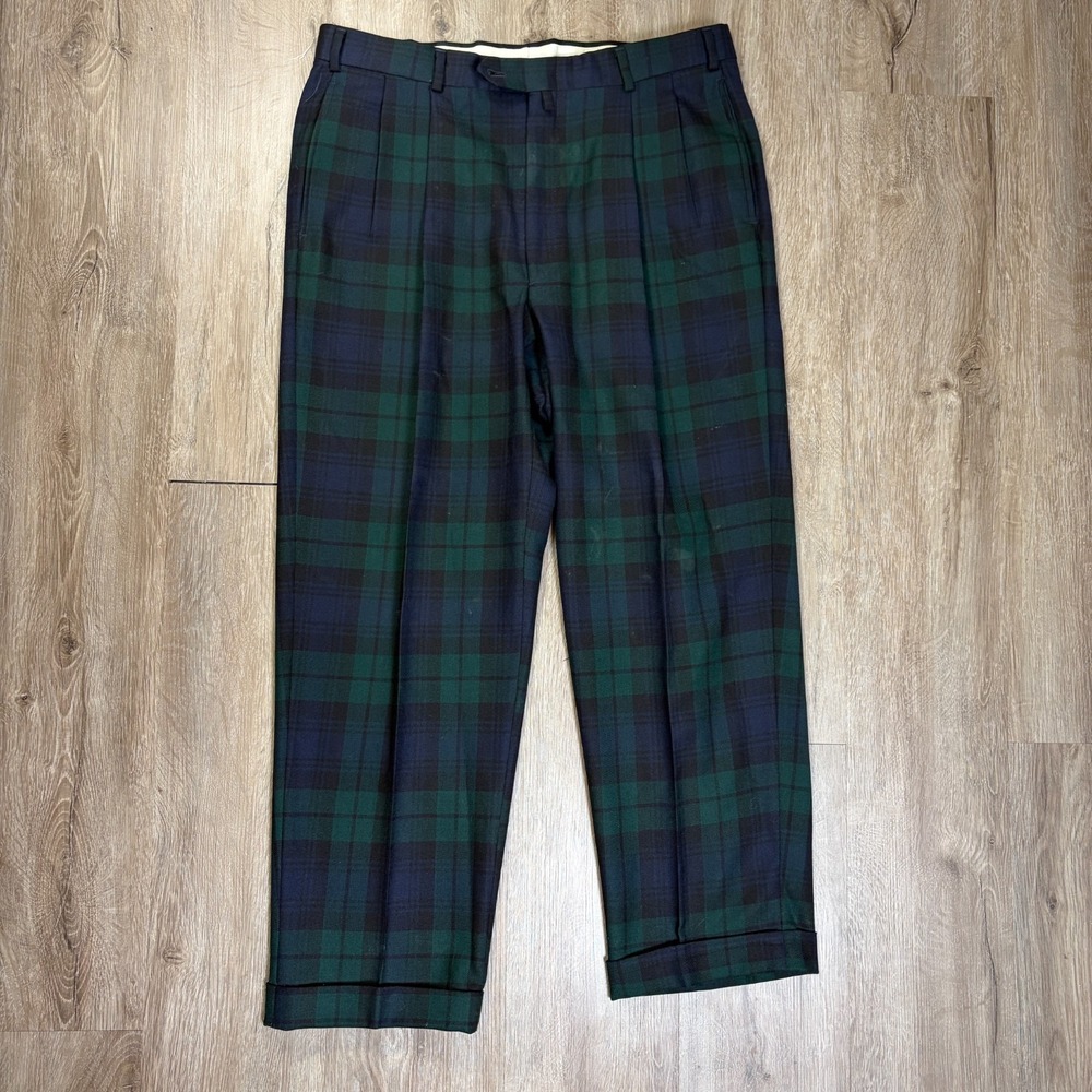 VTG Tommy Hilfiger Tartan Plaid Pants 36x29 100% Wool Relaxed Dress Green Blue